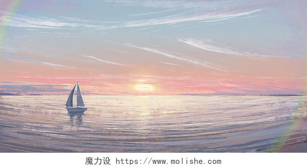 唯美清新手绘海洋帆船远航航海日落日风景原创插画素材